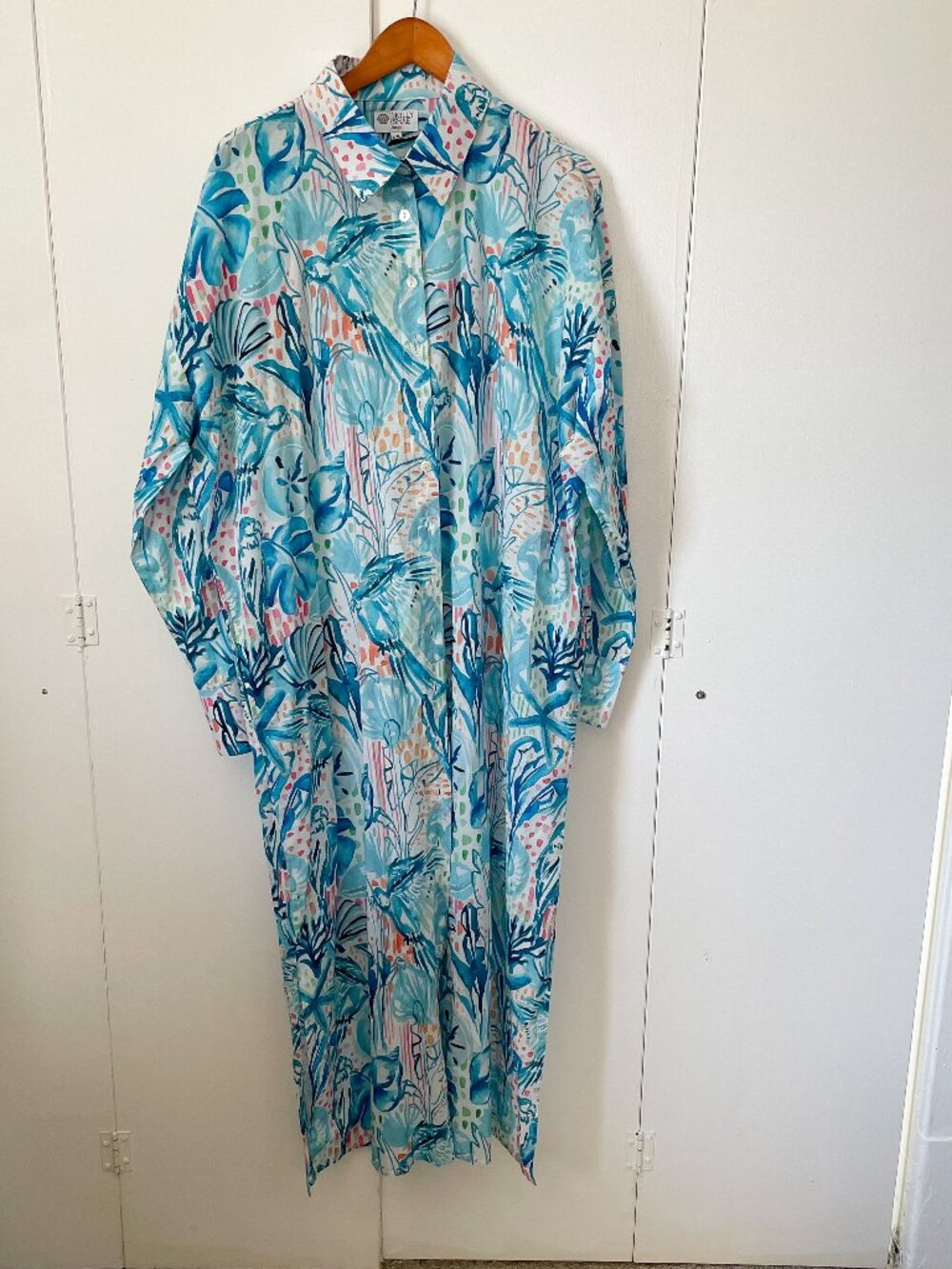 Holly Shae Arden Maxi Dress Coastal Print Blue Shells Parrots Palms, Sz L / XL
